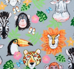 Teplákovina potisk hlavy zvířátek na světe šedé s lupínky a motýlky