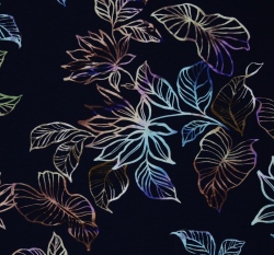 Viskózový úplet potisk barevné obrysy květů na modré