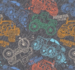 Teplákovina počesaná auta monster truck na tmavě šedé 