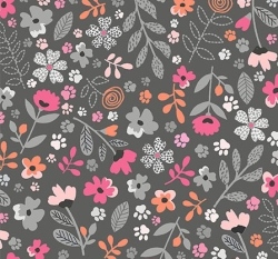 Bavlněné americké plátno potisk květiny mezi tlapičkami na šedé