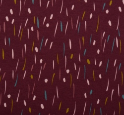 Teplákovina počesaná potisk barevné puntíky a čárky na fialové, BIO