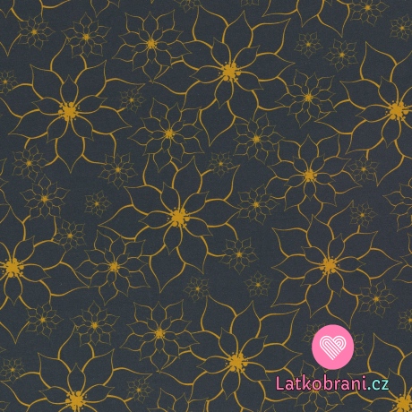 Teplákovina s příměsí modalu potisk žluté obrysy květin na modro-šedé