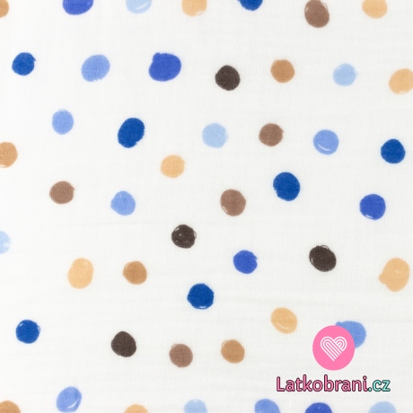 Dvojitá gázovina / mušelín nepravidelné puntíky do modra na bílé