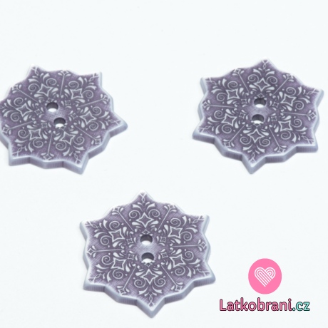 Knoflík tvar vločky fialový, potisk mandala