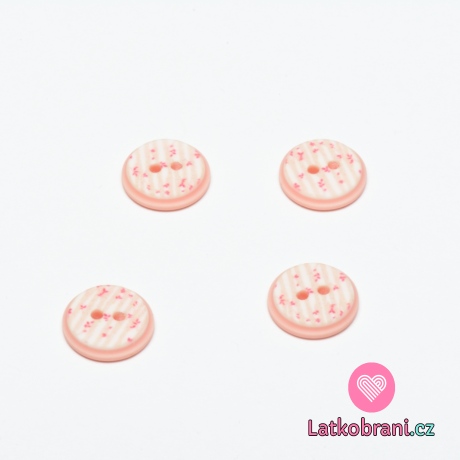 Knoflík kulatý potisk drobné lístečky na růžové
