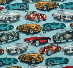 Teplákovina počesaná potisk stará auta na světle modré 