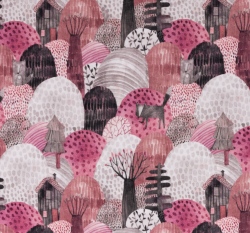 Úplet potisk chaloupka v lese na růžové 