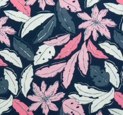 Bavlněný jednolícní úplet potisk banánové listy na modré