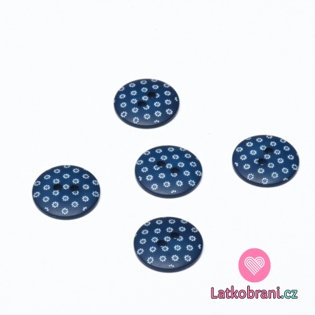 Knoflík kulatý potisk drobné kytičky na modré tmavší 17 mm