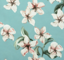 Silky / umělé hedvábí / pavučinka potisk magnolie na světle modré 