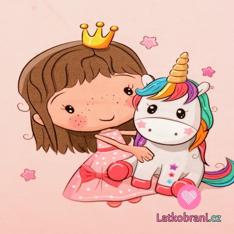 Panel teplákovina princezna s duhovým jednorožcem na růžové