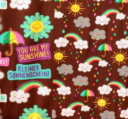 Úplet potisk pestré dešťové kapky, mráčky, nápisy a duha na teplé hnědé