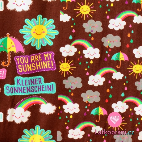 Úplet potisk pestré dešťové kapky, mráčky, nápisy a duha na teplé hnědé