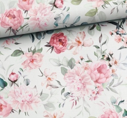 Bavlněné plátno potisk růžové květy na bílé