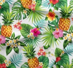Bavlněné plátno ananasy a květy na bílé