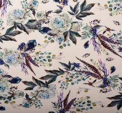 Teplákovina potisk blankytně modré pivoňky a peříčka