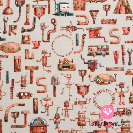 Úplet potisk roboti ze šrotu na světle šedé, BIO