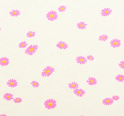 Bavlněný jednolícní úplet potisk růžová kvítka na smetanové
