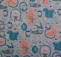 Teplákovina potisk zvířátka v zimě na šedém melé 