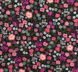 Viskóza potisk drobná růžová kvítka na černé