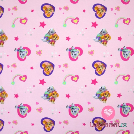 Úplet potisk přátelé z Tlapkové patroly mezi srdíčky a hvězdičkami na růžové