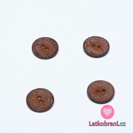 Knoflík kulatý, hnědý s lístečky