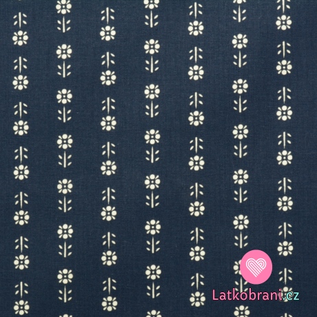 Bavlněné plátno bílé kytičky v řadách na folklorní modré