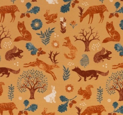 Úplet potisk lesní zvířátka na okrové 