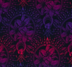 Modalová teplákovina fialové lilie na černé 