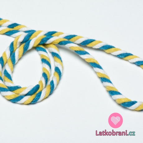 Šňůra bavlněná kroucená 6mm Bílá/Žlutá/Petrol