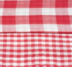 Dvojitá gázovina / mušelín červená kostka na bílé, oboustranná 