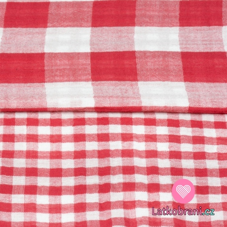 Dvojitá gázovina / mušelín červená kostka na bílé, oboustranná 