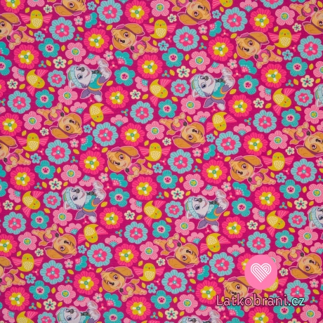 Úplet potisk Tlapková patrola mezi růžovými a modrými květinami