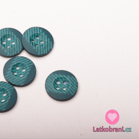 Knoflík kulatý, čtyřdírkový petrolejový s tečkami v pruhu uprostřed