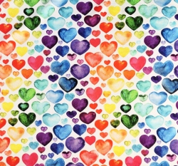 Teplákovina potisk barevná srdíčka na bílé