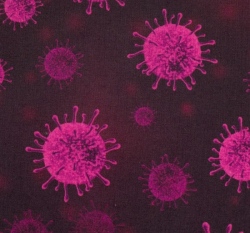 Bavlněné plátno fialovo růžový virus na tmavém podkladu