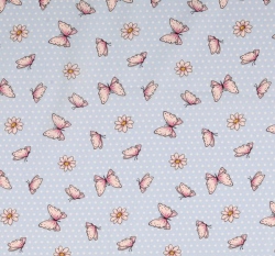 Bavlněný popelín potisk poletující motýlci mezi kopretinami na světle modré