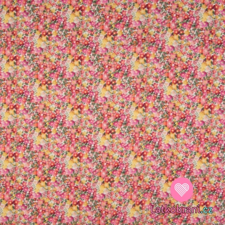 Bavlněná halenkovina (voál) potisk růžovo-žlutá kvítka na bílé