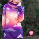 Teplákovina s příměsí modalu potisk mraky na fialovo - oranžové