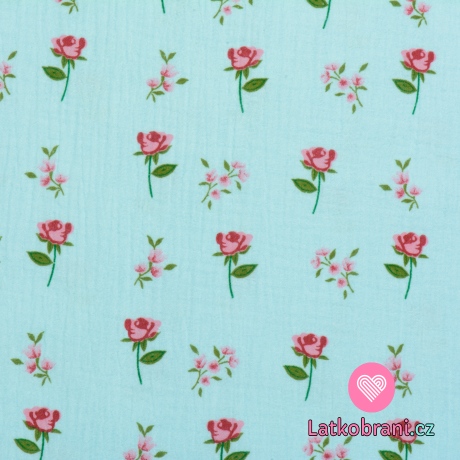 Dvojitá gázovina / mušelín růžičky na modré