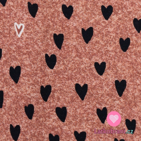 Teplákovina potisk srdíčka na bordó podkladu jeans efekt