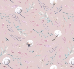 Úplet potisk květy bavlníku na světlé starorůžové 