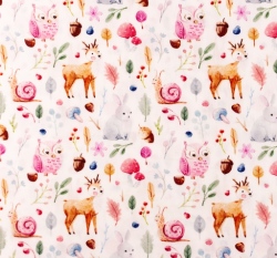 Popelín jelínek a lesní přátelé na bílé 