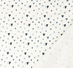 Teplákovina modrá srdíčka na bílé 