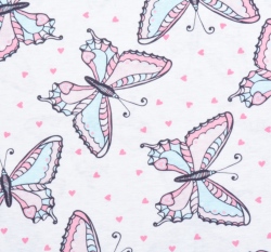 Bavlněný úplet motýlci v pastelových barvách na bílé