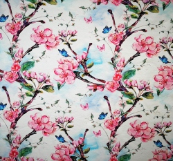 Teplákovina potisk rozkvetlá třešeň s motýlky na obloze