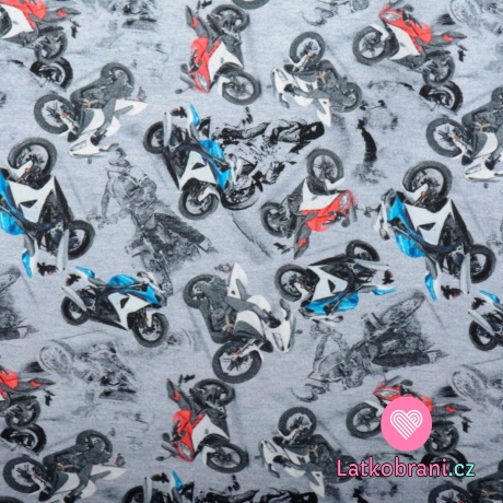 Teplákovina potisk barevné motorky na šedé
