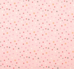 Bavlněný popelín potisk barevná srdíčka a puntíčky na světle růžové