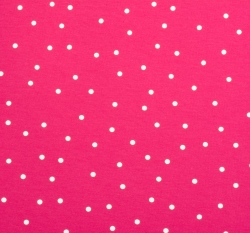 Teplákovina potisk rozházený bílý puntík na sytě růžové