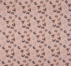 Bavlněný popelín potisk hlavičky lesních zvířátek na zaprášené růžové